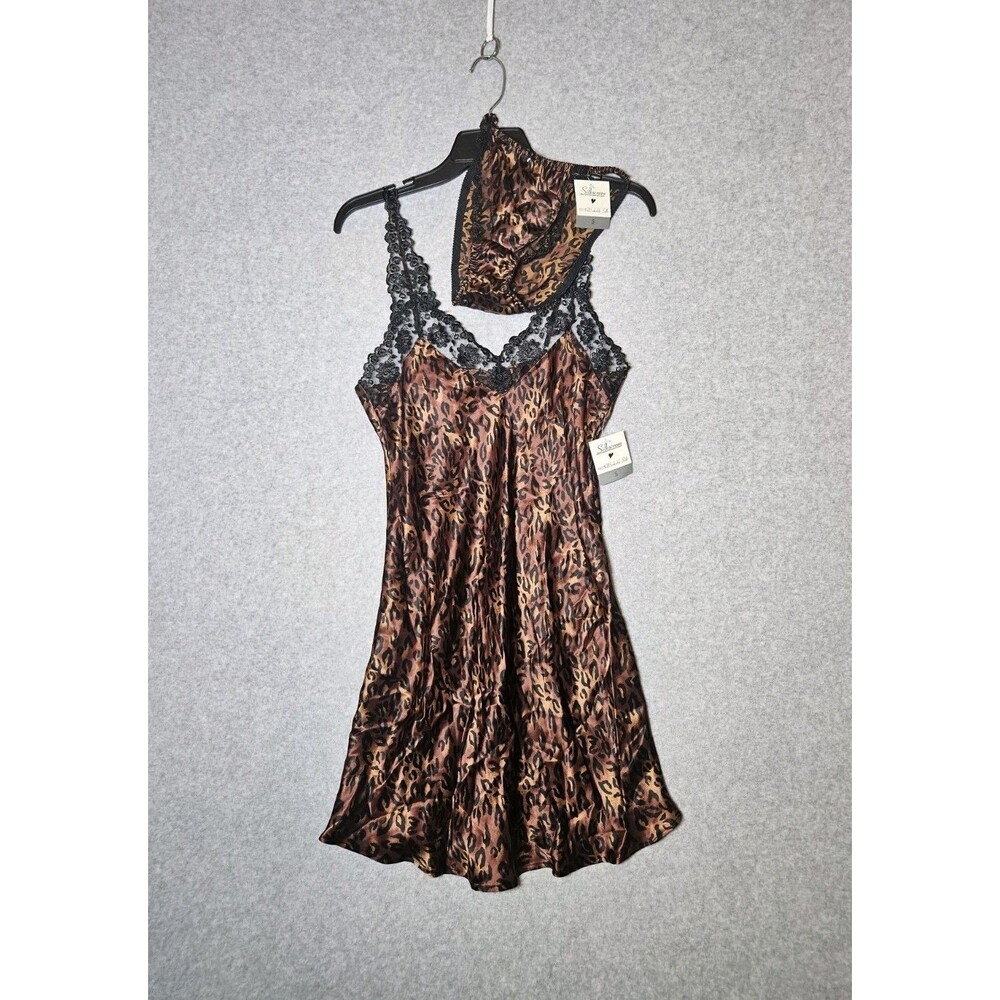 VTG Silkscreen Lingerie Set 100% Silk Leopard Chemise Slip Nightgown Panties S